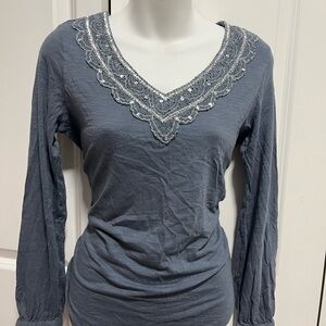 Nine West Gray Embellished V-Neck Long Sleeve Top